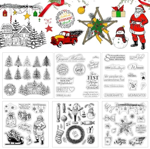 6 Blätter Stempel Weihnachten Deutsch, FUKPO Frohe Stempel Weihnachten Silikon Clear Stamps Weihnachten Stempelset, Transparente Weihnachtsstempel Set Silikonstempel Winter DIY Scrapbooking Fotoalbum