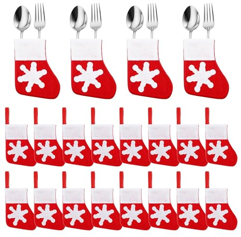 Trimming Shop 24pcs Christmas Santa Sock Cutlery Holders Snowflake Applique | Christmas Stocking Pockets For Forks, Spoons And Silverware, Ideal For Xmas Dinner Table Decorations & Cutlery Storage