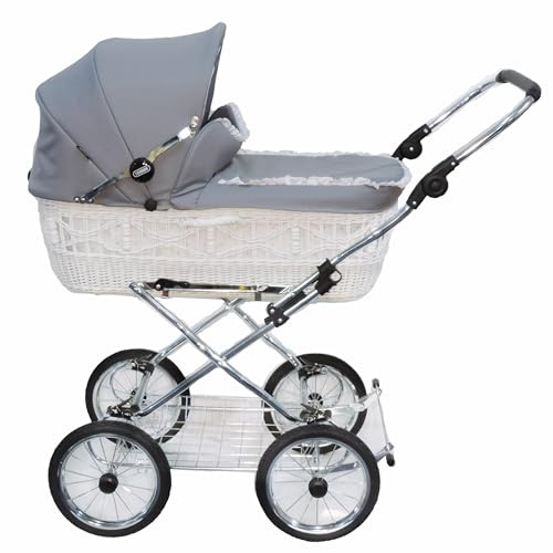 EICHHORN Kinderwagen Weidenkorb - Kinderwagen aus echter Weide, handgeflochten, Korb Weiß, Stoff Silbergrau, plattensichere ECCO-Räder