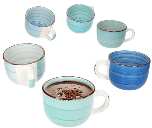 MamboCat Set di 6 tazze jumbo blu, 400 ml, per 6 persone, tazze grandi in gres porcellanato, 6 diverse tonalità di blu con decorazione strudel, tazze XL per tè, caffè, cacao e Co