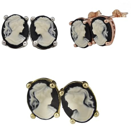 Ohrstecker 925 Sterling Silber - 14k Vergoldet - Lady Cameo - Vintage - Kamee - Schwarz - Antik - Jugendstil - Geschenk für Frauen - Geburtstagsgeschenk - Schmuck-Geschenk
