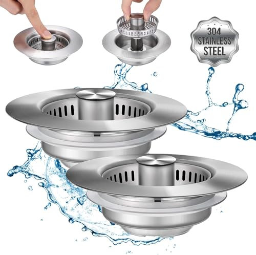 Auauraintt 3 en 1 Colador de Fregadero de Cocina, Tapón Emergente de Acero Inoxidable 304, Filtrar Residuos de Alimentos, Evitar Olores, Profundidad > 22 mm (2)