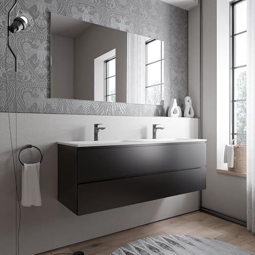 BERNSTEIN Badmöbel-Set Ava 140cm bestehend aus Mineralguss-Doppel-Waschbecken mit Unterschrank in Schwarz matt, Waschtisch BRUXELLES - Weiß matt mit Hahnloch, Ideal für große Bäder