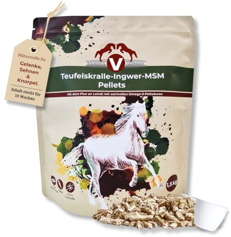 EQUIDOCS Teufelskralle-Ingwer-MSM Pellets 1,5kg | Zusatzfutter für Pferde-Gelenke mit dem Plus an Omega-3 aus Leinöl | für alte Pferde und Pferde mit strapazierten Gelenken | Teufelskralle Pferd