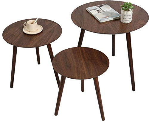 MEILISHAOMEI Table Basse Ronde en Bois Massif de Noyer Noir,Table de négociation de canapé de Salon,Table d'appoint combinée,3 Tailles(Couleur:Noyer Noir,Taille:Ensemble de 3 pièces)