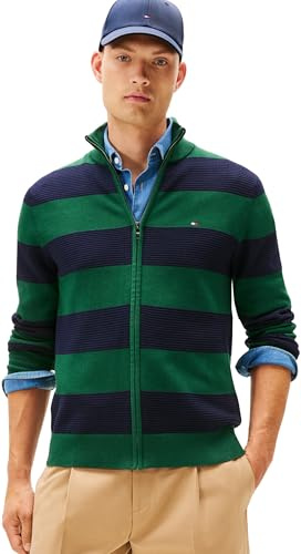 Tommy Hilfiger Jersey con Cremallera Hombre Cotton Zip Through con Cuello Alto, Multicolor (Ornamental Green/Desert Sky), XXL