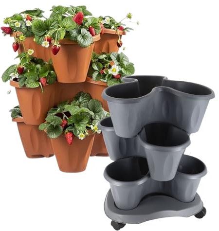 Pflanzturm Erdbeerturm Pflanzkübel auf Rollen Vertikaler Garten Kräuterspirale Säulentopf Set 3 Ebenen Kräutergarten Roller Blumentopf stapelbar (Grau)