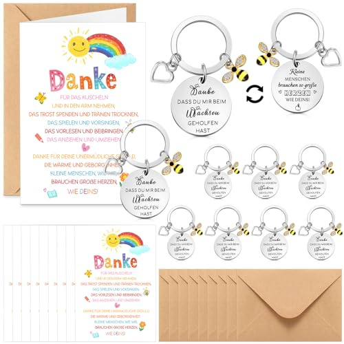 Clabby 10 Set Abschiedsgeschenk Kindergarten Schlüsselanhänger Dankeskarte | Danke Geschenk für Erzieherin, Regenbogen Dankeskarte mit Umschläge, Für Kita Lehrerin Tagesmutter Grundschule
