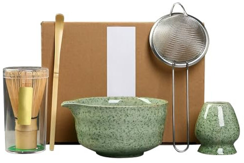 5 PCS Matcha Whisk Set, XPJBKC Matcha Tea Set Includes Matcha Whisk and Holder, Ceramic Matcha Bowl with Pouring Spout, Matcha Spoon, Sieve, Reusable Matcha Making Kit Gift for Beginners, Enthusiasts