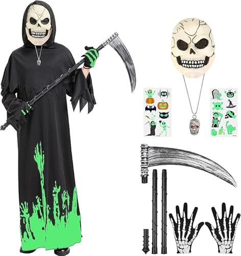 Haozozo Costumi Halloween Bambini, Costume Mietitore Bambino Completo a Tema Morte, Composto Da Tuta Fluorescente,Maschera In Lattice Fluorescente a Forma di Teschio, Guanti e Falce.