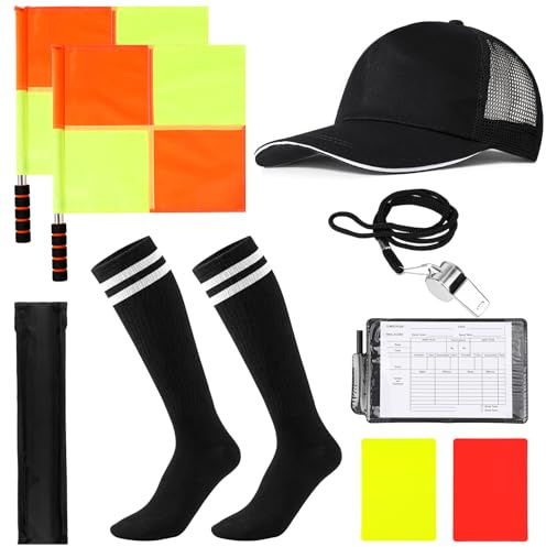 BTHRORO Fußball Schiedsrichter Set, Schiedsrichter Zubehör Schiedsrichtermütze Edelstahlpfeife Gelbe Rote Schiedsrichterflaggen Fußballsocken Rekordbuch und Bleistift für Schulsport Fußballspiel