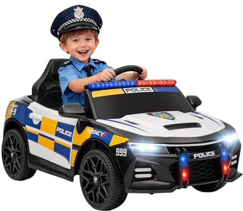 AIYAPLAY Kids Electric Car, 12V Battery Powered Police Ride on Car with Remote Control, Music, Horn, Siren, Flashing Lights, Children Electric Vehicle for 3-5 Years