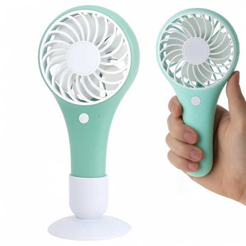 MIJOMA Handventilator – tragbarer Mini‑Ventilator batteriebetrieben, ABS, 3×AAA, USB‑Port, mit Standfuß, kompakt 10×7×19,5 cm – mobiler Tisch‑ & Reiseventilator (Mintgrün)