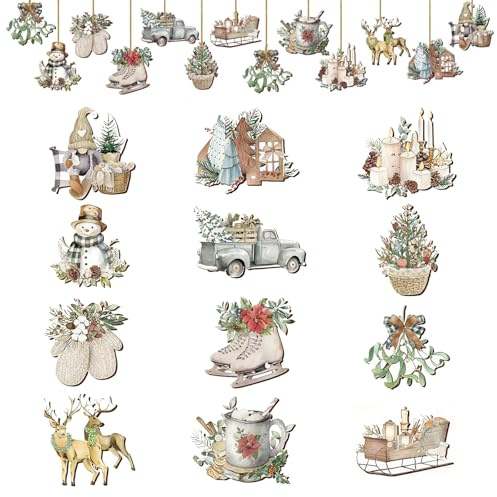 24 Piezas Adornos Madera Navidad, 12 Colgantes de Navideños Patrones con Temática Navideña de Madera Adornos Arbol Navidad con Eslingas para Decoración Christmas Tree Fiesta de Navideño (A)