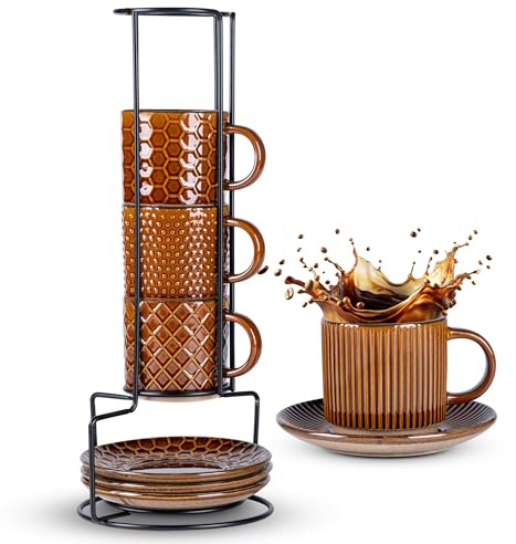 GBhome Stapelbare Kaffeetassen und Untertassen (180 ml) mit Ständer, Keramik-Kaffeetassen mit strukturierten Mustern, 4er-Set für Latte Macchiato, Cappuccino und Kakao