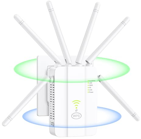WLAN Verstärker, WIFI Repeater 1200 Mbit/s, Dualband Extender 5GHz + 2.4GHz mit 6 Antennen, 360°-Abdeckung WLAN Signalverstärker Verstärker mit Ethernet-Anschluss kompatibel mit allen WIFI Routern