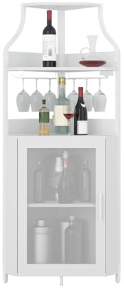 Armadietto per vino ad angolo con portabottiglie rimovibile, armadio ad angolo industriale a 5 livelli con porta in rete metallica e porta bicchieri, credenza in stile contadino e bar domestico