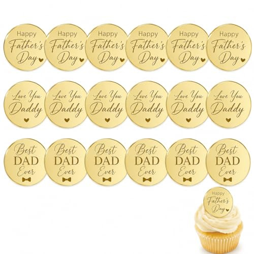 18 Pcs Happy Fathers Day Cupcake Topper, Fathers Day Round Cake Topper, Cake Engraved Discs, Best Dad Ever Gold Fathers Day Cupcake Toppers for Birthday Party Cake Supplies