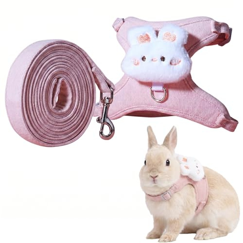 Arnés para Conejo con Correa de 1.2m, Chaleco de Pana Rosa con Lindo Diseño de Conejito, Arnés Suave y Ajustable para Mascotas Pequeñas y Conejos Enanos, Talla S