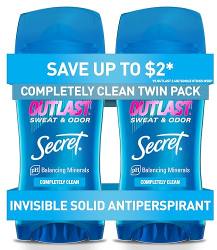 Secret Outlast Antiperspirant Deodorant for Women, 72hr Sweat & Odor Protection, PH Balancing Minerals, Invisible Solid, Completely Clean Scent, 2.6 oz (Pack of 2)