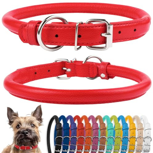 CollarDirect Rundes Leder Hundehalsband, weich gepolstert gerollt, handgefertigtes Echtleder Halsband für Hund Welpe Katze Klein Groß Schwarz Rosa Rot Lila Blau