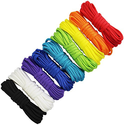 9 Colours x 10 ft Paracord Bracelet Rope Rainbow Color Black and White Parachute 7 Strand Nylon Cord Survival Rope Parachute Cord for Camping Hiking Travelling Braided Bracelet Keychain Lanyard