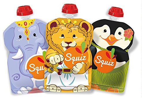 SQUIZ - FRANZÖSISCHES UNTERNEHMEN - Set aus 3 nachfüllbaren, wiederverwendbaren Quetschbeuteln à 130 ml BPA-frei - Für Kompott, Püree und Smoothies - Für Babys, Kinder und Erwachsene