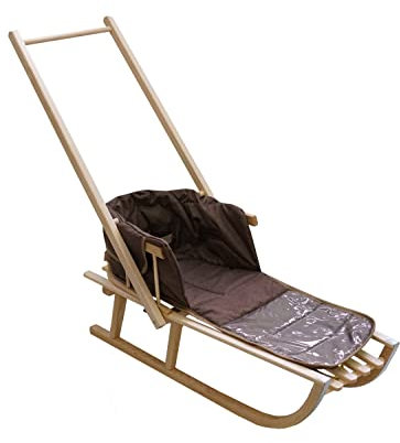 Holzschlitten für Kinder mit Rückenlehne Rodelschlitten Davoser Schlitten aus Holz mit einem Sicherheitsgurt und Matratze (Natur/braunes Leinen)