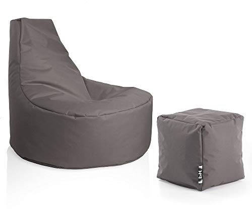 PATCH HOME Gamer Sessel Sitzsack inkl. Würfel Set Ø75cm, 30cm Sitzhöhe, 80cm Höhe + 35x35cm Würfel Anthrazit