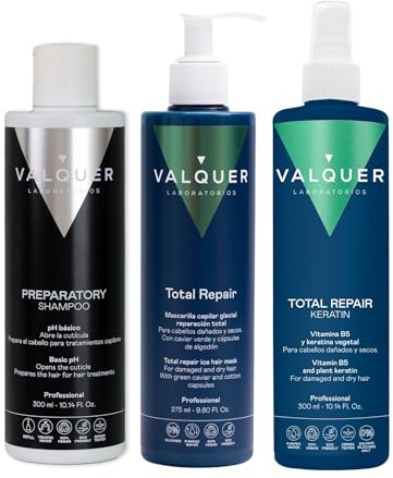 Valquer Pack Cold Keratin Champú Preparador 300 ml, Keratina 300 ml y Mascarilla Ice Hair 275 ml. Tratamiento Capilar Reparador Intensivo de Ultra Hidratación para Cabello Dañado y Seco. Vegano.