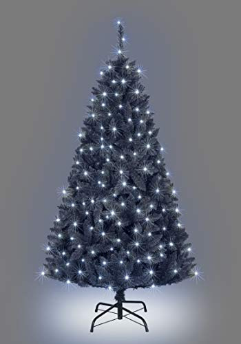 7ft/2.1m Pre-Lit Black Bushy Imperial Pine Artificial Deluxe Christmas Tree Hinged Branches 1084 Pencil Point Tips with 300 White LEDs Metal Stand Xmas Home Decorations