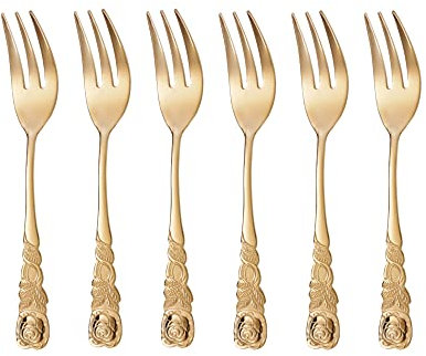 GRÄWE Kuchengabel 6 Stück Edelstahl, Serie Rosendekor, goldfarben