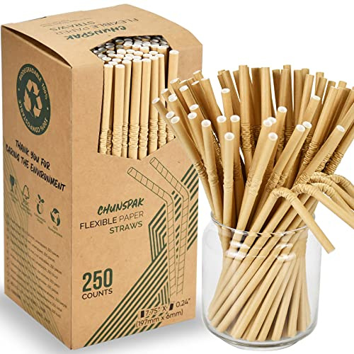 Brown Kraft Bendy Paper Straws, 7.75 x 0.24, 250 Ct. - Eco Friendly Disposable Drinking Straws