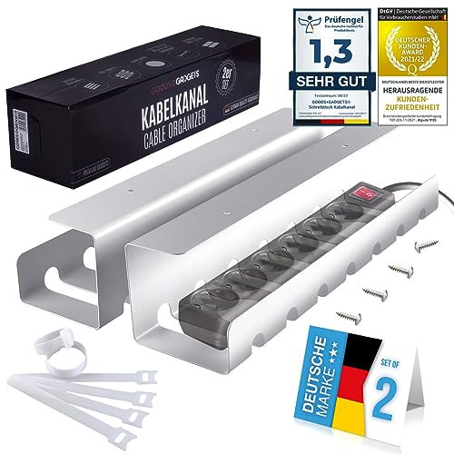 Kabelkanal für Schreibtisch Ordnung; Kabelmanagement-System am Arbeitsplatz; Kabelhalter, Kabelwanne, Kabelkorb; 2er Set Steckdosenleisten-Halter für Tische (Weiß, 2 Stück)