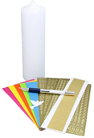 Cerziies Taufkerze-Bastelset mit Kerzen-Rohling, Buchstaben, Wachsplatten/-Streifen und Taube, Größe:ca. 25x7 cm