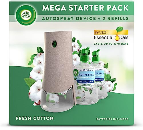 Air Wick Aerosol-Free Automatic Air Freshener Spray Bundle Kit, Fresh Cotton, 1 gadget & 2 Refills (228ml), 24x7 Active Fresh Odour Neutraliser, Lasts Up to 140 Days, Air freshener For Home