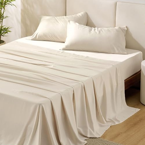 Bedsure Queen Sheet Set, Rayon Derived from Bamboo, Cooling Sheets, PureWoven, Breathable & Soft, Deep Pocket Up to 16, Hotel Luxury Silky Bedding for Hot Sleepers, Light Beige