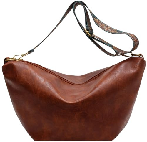 Makukke Umhängetasche Damen Gross PU-Leder Crossbody Bag mit Hobo Breiter Gurt Vintage Schultertasche Beuteltasche für Büro Arbeit Reisen Ausflug Einkauf,Braun Tasche