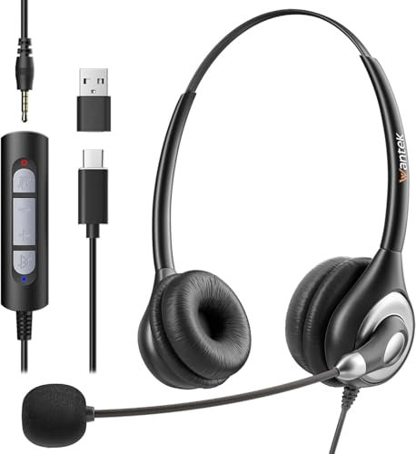 Wantek Casque avec microphone antibruit, USB/Type-C/jack 3,5 mm, casque PC 3 en 1, casques USB et câble de contrôle du volume pour centres d'appels, équipes, réunions, ordinateurs portables, chat