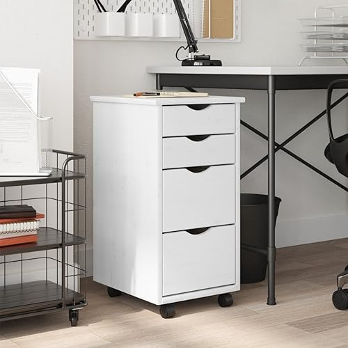 Tidyard Rollschrank mit 4 Schubladen Rollcontainer Büroschrank Aktenschrank Bürocontainer Schrank Büro Moss Weiß Massivholz Kiefer