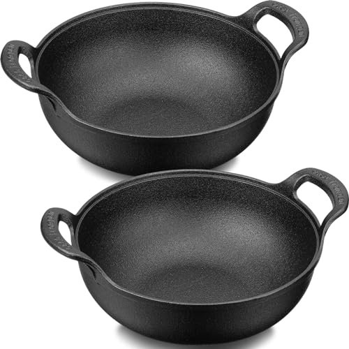 Layhit Set di 2 mini wok in ghisa con manico ad anello, 24 cm, antiaderenti, con fondo piatto, pre-stagionato, senza sostanze chimiche, adatto per induzione, elettrico, a gas, tutti i fornelli,