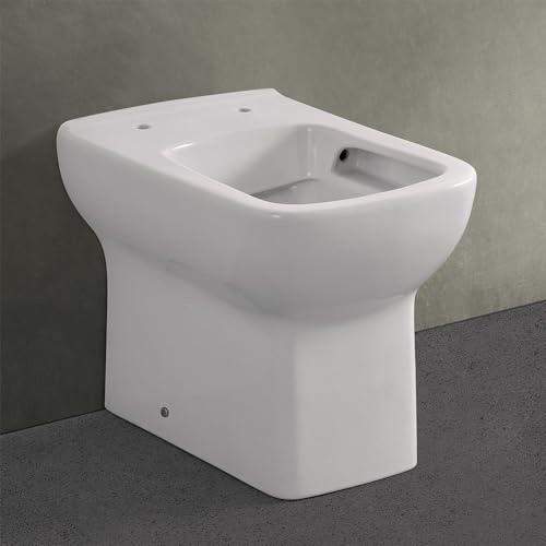 Wc filomuro salvaspazio senza brida e scarico universale, in ceramica bianco lucido con profondità 48,5 cm, serie Ginevra