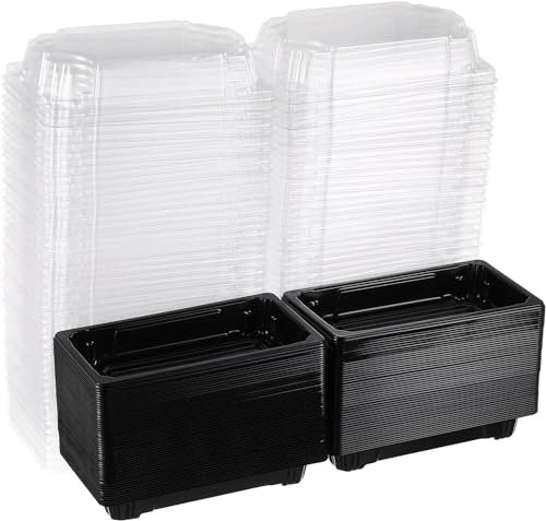 SDFIXINGS Lot de 50 boîtes à sushis jetables noires avec couvercles transparents - Récipient portable pour sushis/gâteau/dessert/fruits (238 x 145 x 50 mm)