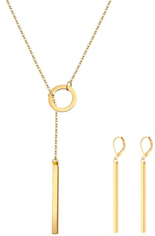 ZENGSING Anhänger Halskette Damen Baumeln Ohrringe Schmuck Set Kette Y Halskette vertikale Bar Anhänger Lariat Halskettes Damen Anhängers Hoop Ohrringe für Frauen Mädchen Geschenke (Gold)