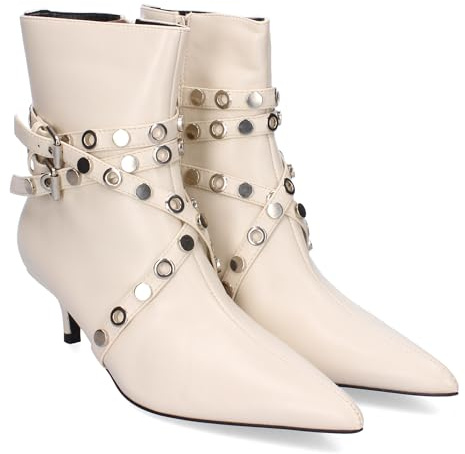 shoes&blues.es Botines de Tacon Fino para Mujer, Comodos y Elegantes, Detalle de Hebilla, Adornos Metalicos, Punta Afilada y Cierre de Cremallera.