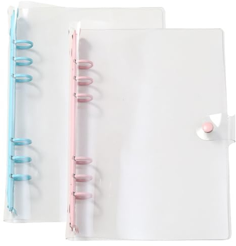 Katmerioringpärm A5-mapp, 2 stycken mini transparent PVC-ringpärm, påfyllningsbar 6 ringar-pärm med fodral, regnbåge anteckningsbok planerare för kontor, skola (rosa, blå)