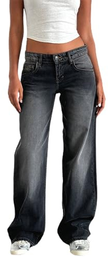 Y2K Damen Baggy-Jeans, niedrige Taille, lockeres gerades Bein, Denim-Hose mit Taschen, E-Girl, Boyfriends-Hose, Streetwear, A-grau, XS