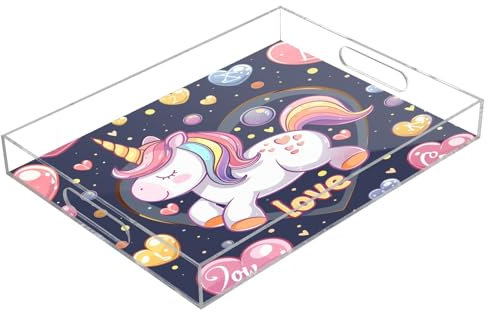 A Beautiful Unicorn Heart Acrylic Serving Trays, Clear Rectangular Tray with Handles Serving Platter for Coffee Table Kitchen Bathroom
