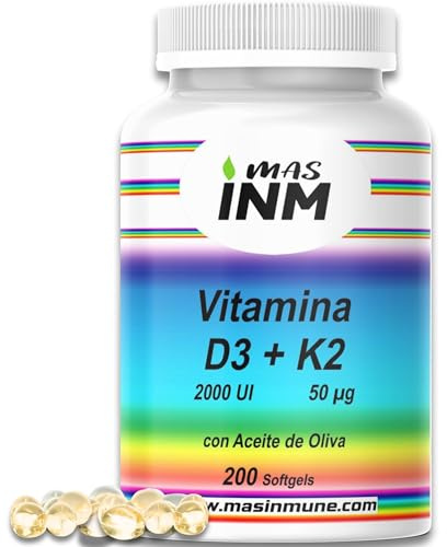 Vitamina D3 y K2 2000 UI con Aceite de Oliva - 200 Perlas + 6 Meses - Alta Biodisponibilidad - Apoya al Sistema Inmunológico - Huesos y Músculos - Vegano - Sin Aditivos – Masinmune