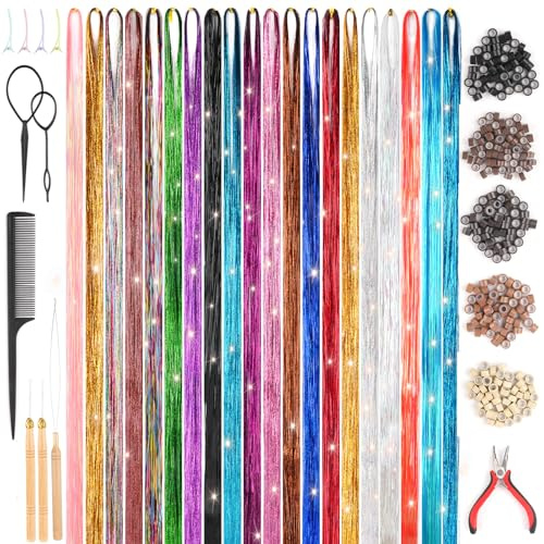 4000 Hair Tinsel,Haar Lametta mit Werkzeug,20 Farben Glitzer Haarsträhnen | 48 Inches Haarsträhnen zum Einflechten,Sparkle Tinsel Hair Extensions für Frauen Mädchen Kinder Cosplay Party Zubehör